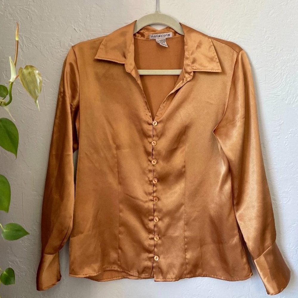 Gold Satin Long Sleeve Collared Top/Blouse Size Small Business Casual Women’s
